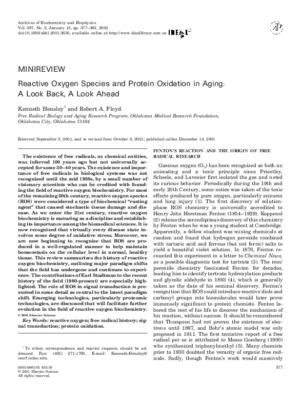 (PDF) Reactive Oxygen Species and Protein Oxidation in Aging: A Look ...