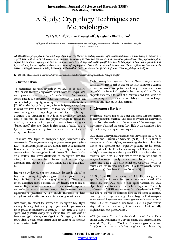(PDF) A Study: Cryptology Techniques and Methodologies