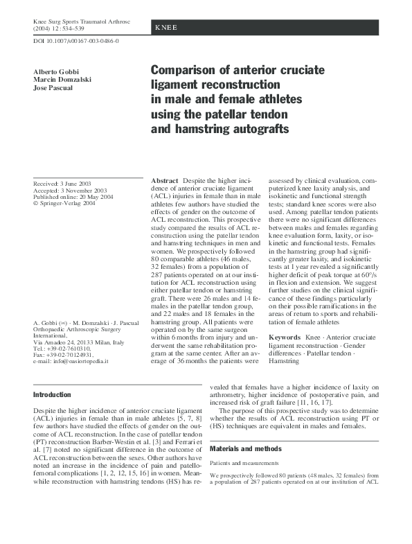 (PDF) Comparison of anterior cruciate ligament reconstructions using