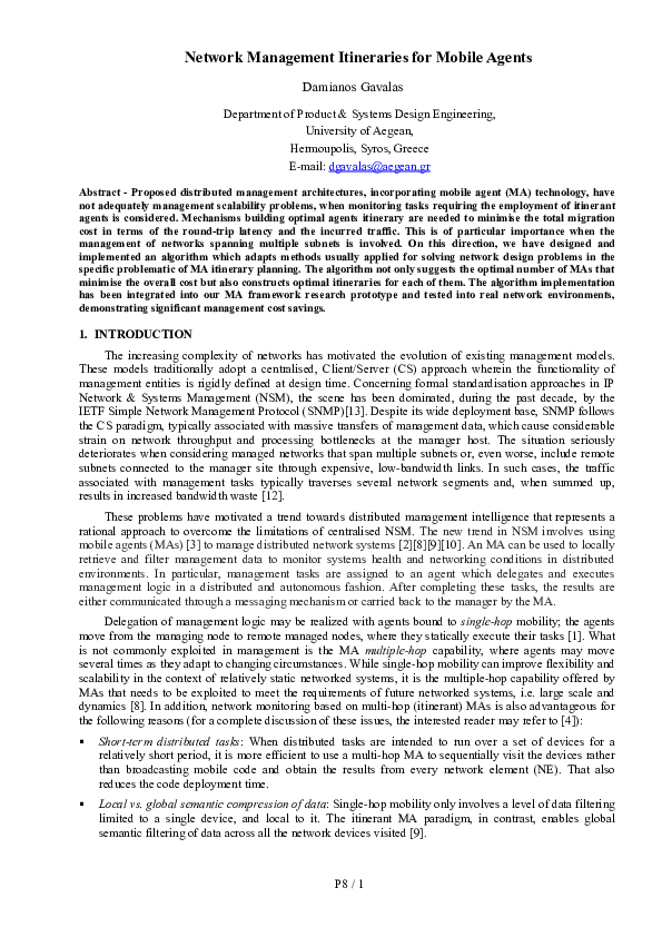 (PDF) Network Management Itineraries for Mobile Agents