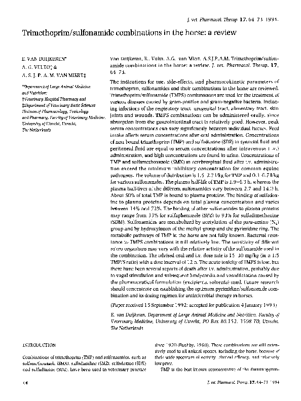 (PDF) Trimethoprim/sulfonamide combinations in the horse a review