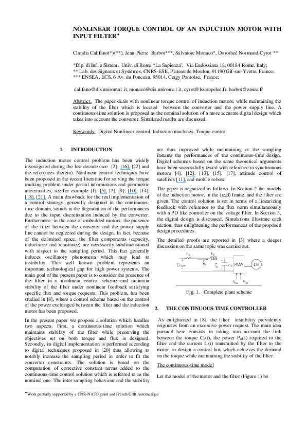 (PDF) Nonlinear Torque Control of an Induction Motor with Input Filter