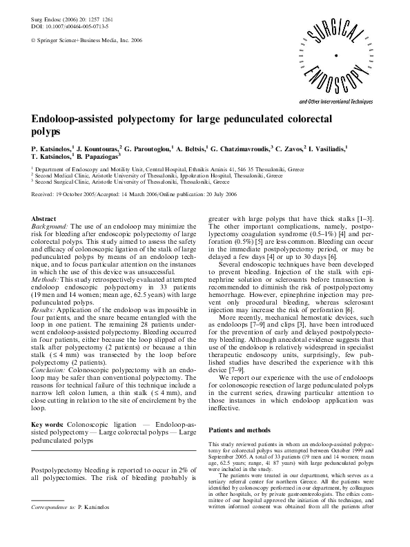 (PDF) Endoloopassisted polypectomy for large peduncolated colorectal