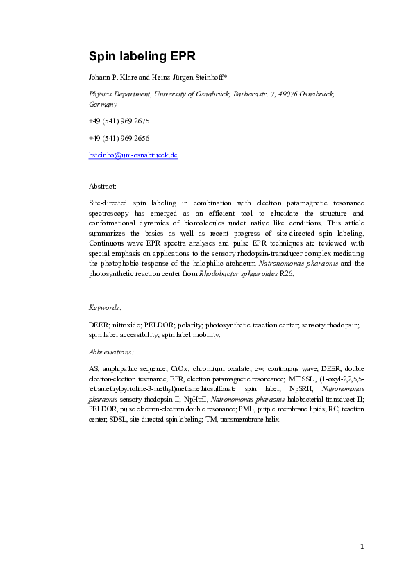 (PDF) Spin labeling EPR Johann Klare Academia.edu