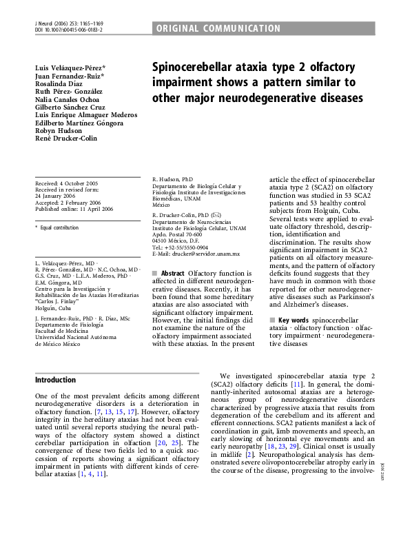 (PDF) Spinocerebellar ataxia type 2 olfactory impairment shows a ...