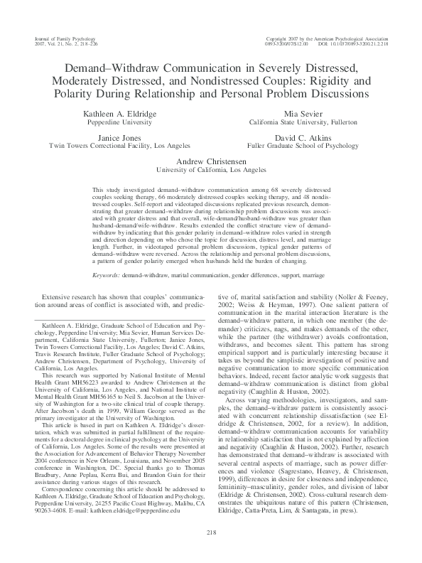 (PDF) Demand-withdraw communication in severely distressed, moderately ...
