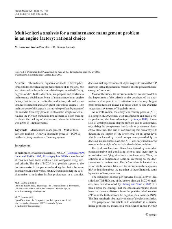 (PDF) Multi-criteria analysis for a maintenance management problem in ...