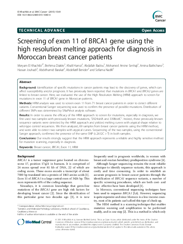 (PDF) Screening of exon 11 of BRCA1 gene using the high resolution ...