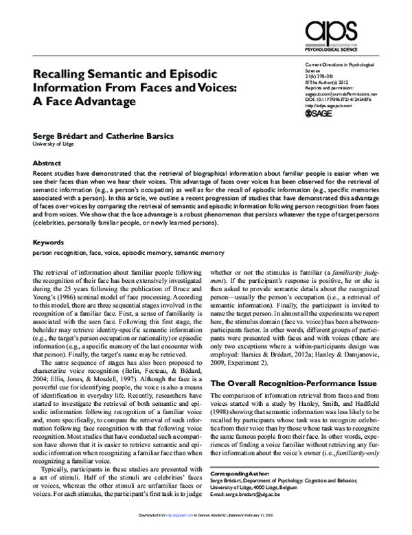 (PDF) Recalling Semantic and Episodic Information From Faces and Voices ...