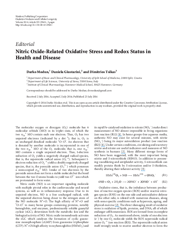 (PDF) Nitric Oxide-Related Oxidative Stress and Redox Status in Health ...