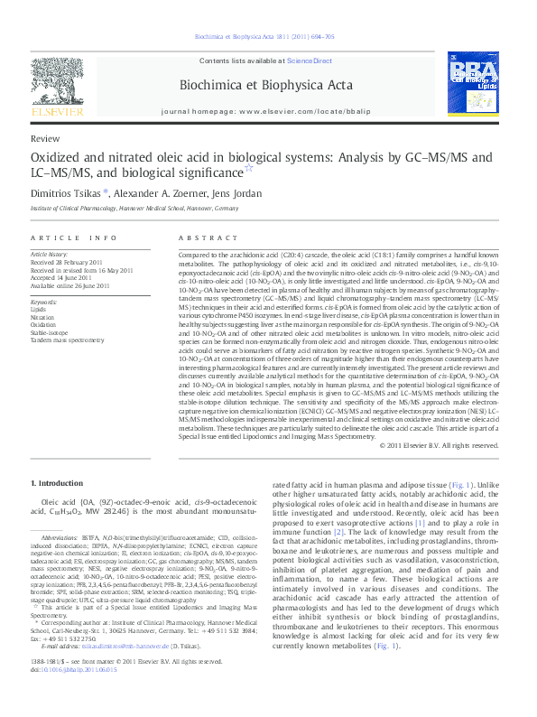 (PDF) Oxidized and nitrated oleic acid in biological systems: Analysis ...