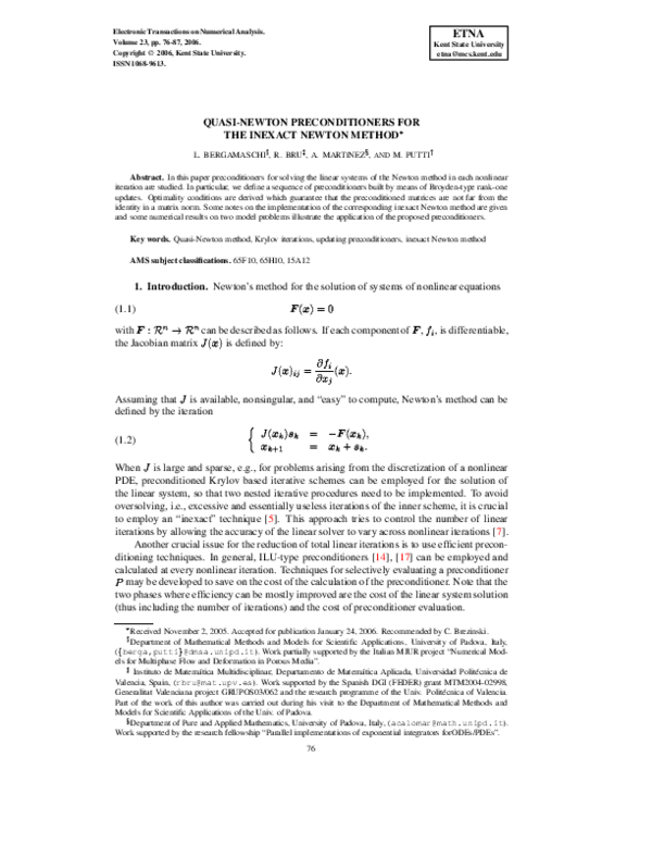 (PDF) QUASI-NEWTON PRECONDITIONERS FOR THE INEXACT NEWTON METHOD