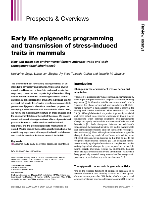 (PDF) Early life epigenetic programming and transmission of stress ...