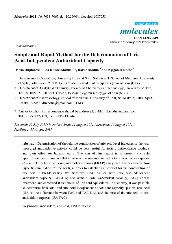 (PDF) Simple and Rapid Method for the Determination of Uric Acid ...