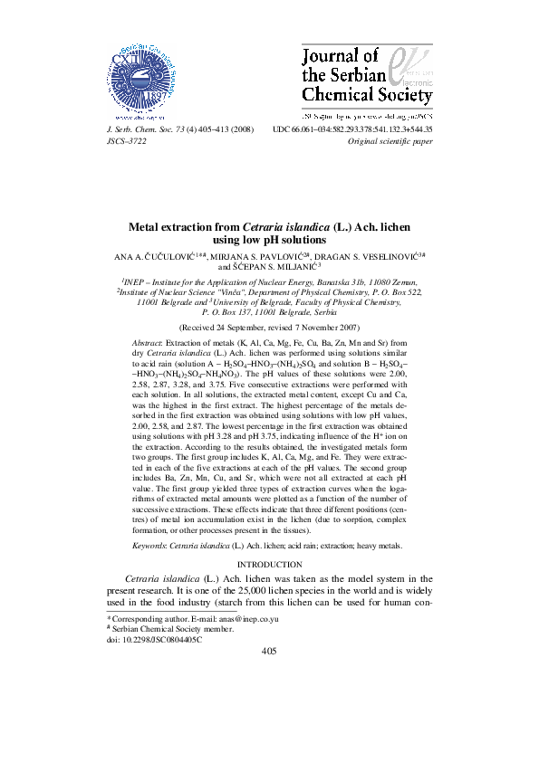 (PDF) Metal extraction from Cetraria islandica (L.) Ach. lichen using ...