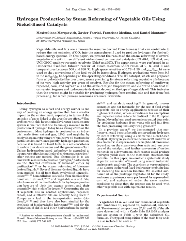 (PDF) Hydrogen Production by Steam Reforming of Vegetable Oils Using ...