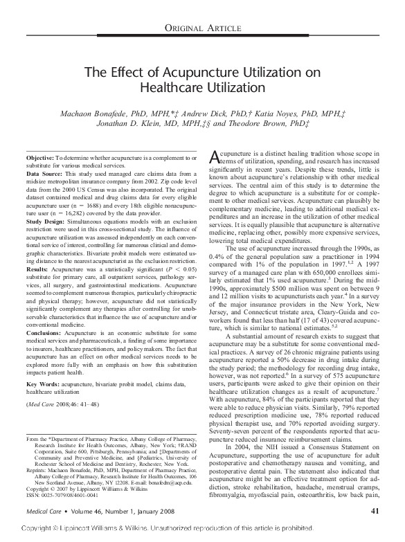 (PDF) The Effect of Acupuncture Utilization on Healthcare Utilization