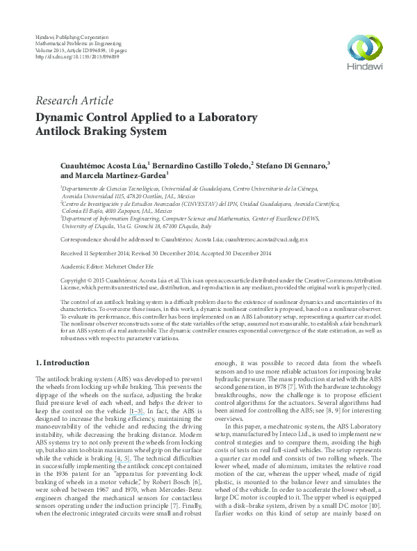(PDF) Dynamic Control Applied to a Laboratory Antilock Braking System