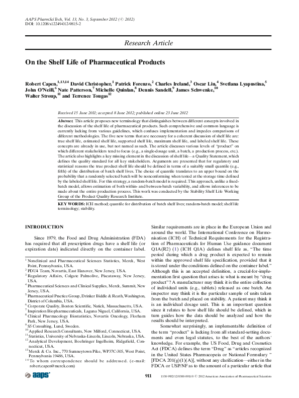 (PDF) On the Shelf Life of Pharmaceutical Products Dennis Sandell