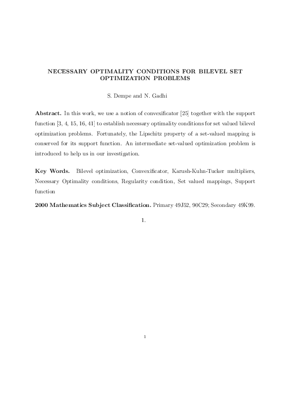 (PDF) Necessary optimality conditions for bilevel set optimization problems