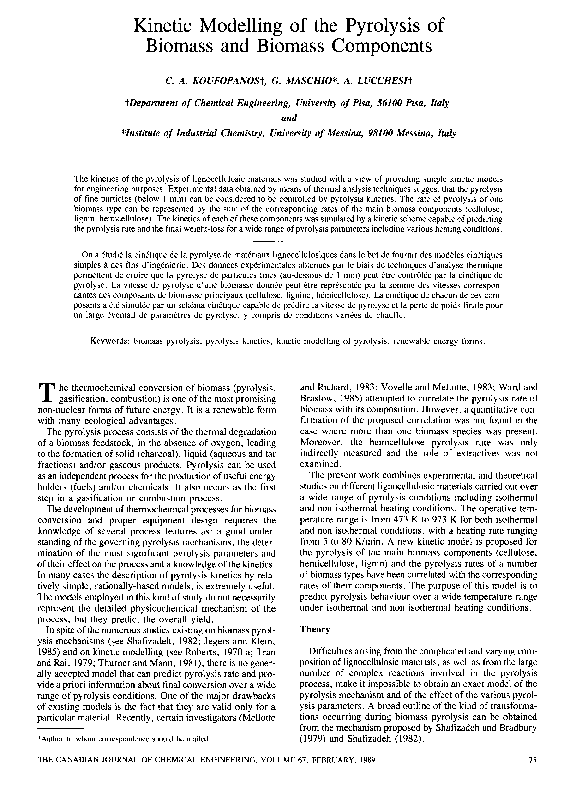 (PDF) Kinetic modelling of the pyrolysis of biomass and biomass components