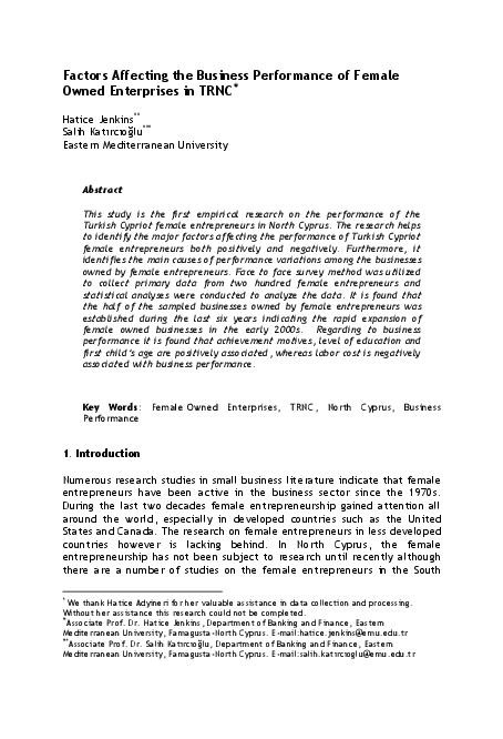 (PDF) Factors Affecting the Business Performance of Female Owned ...