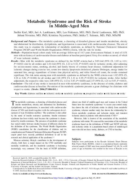 (PDF) Metabolic Syndrome and the Risk of Stroke in Middle-Aged Men
