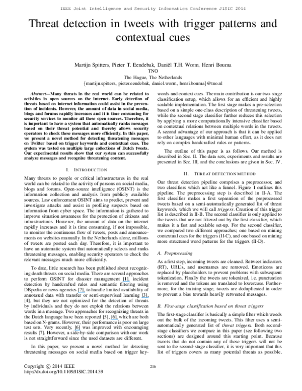 (PDF) Threat Detection in Tweets with Trigger Patterns and Contextual Cues