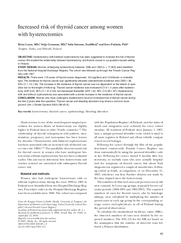 (PDF) Increased risk of thyroid cancer among women with hysterectomies