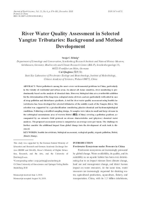 (PDF) River water quality assessment in selected Yangtze tributaries ...