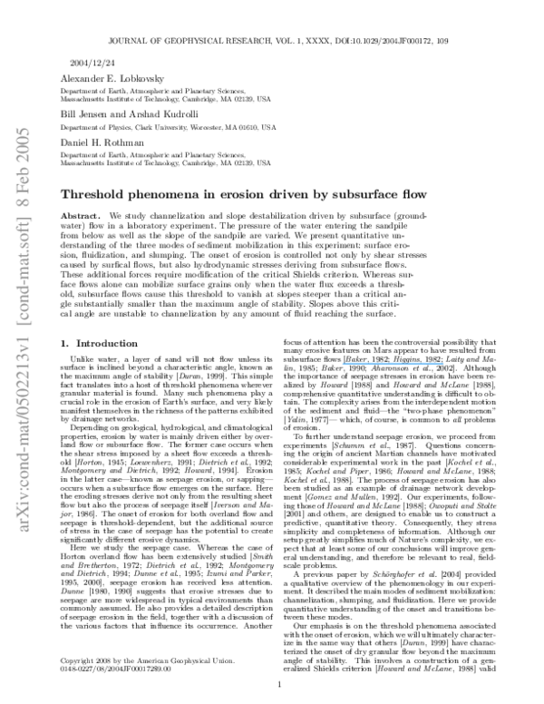 (PDF) Threshold phenomena in erosion driven by subsurface flow