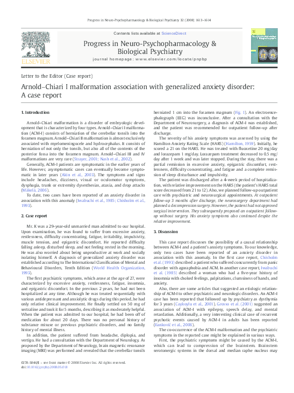 (PDF) Arnold–Chiari I malformation association with generalized anxiety ...