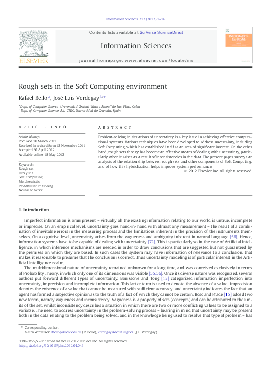 (PDF) Rough sets in the Soft Computing environment