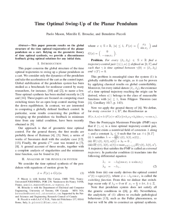Pdf Time Optimal Swing Up Of The Planar Pendulum