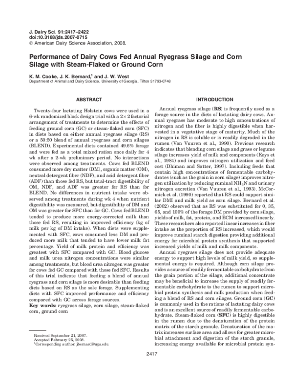 (PDF) Performance of dairy cows fed annual ryegrass silage and corn ...