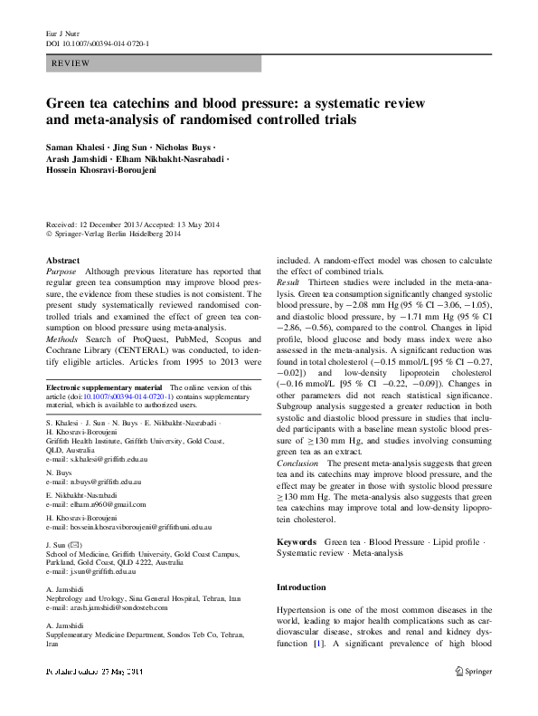 (PDF) Green tea catechins and blood pressure a systematic review and