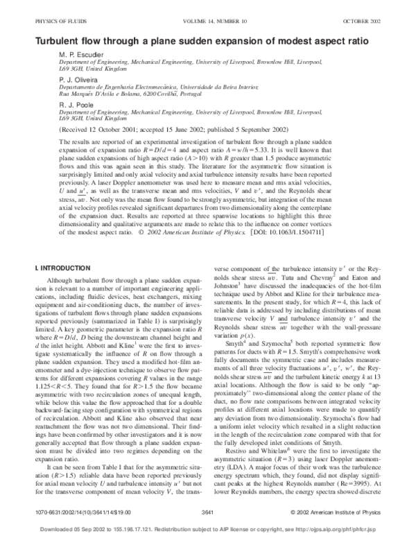 (PDF) Turbulent flow through a plane sudden expansion of modest aspect ...