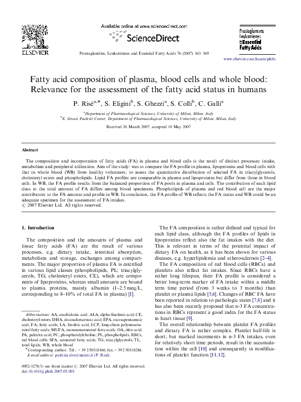 (PDF) Fatty acid composition of plasma, blood cells and whole blood ...