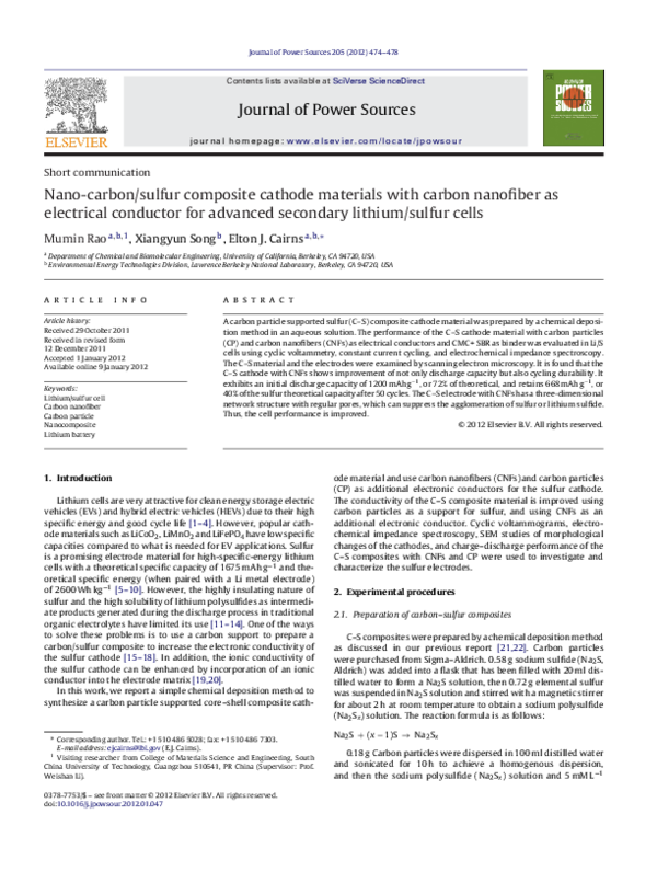 (PDF) Nanocarbon/sulfur composite cathode materials with carbon