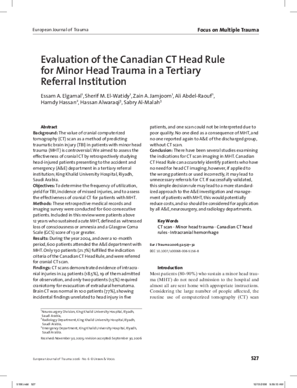 (PDF) Evaluation of the Canadian CT Head Rule for Minor Head Trauma in a Tertiary Referral