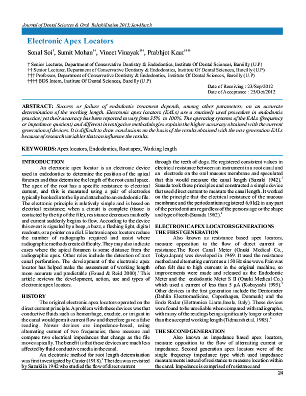 (PDF) Electronic apex Locators ; a review ; Dr vineet vinayak Dr