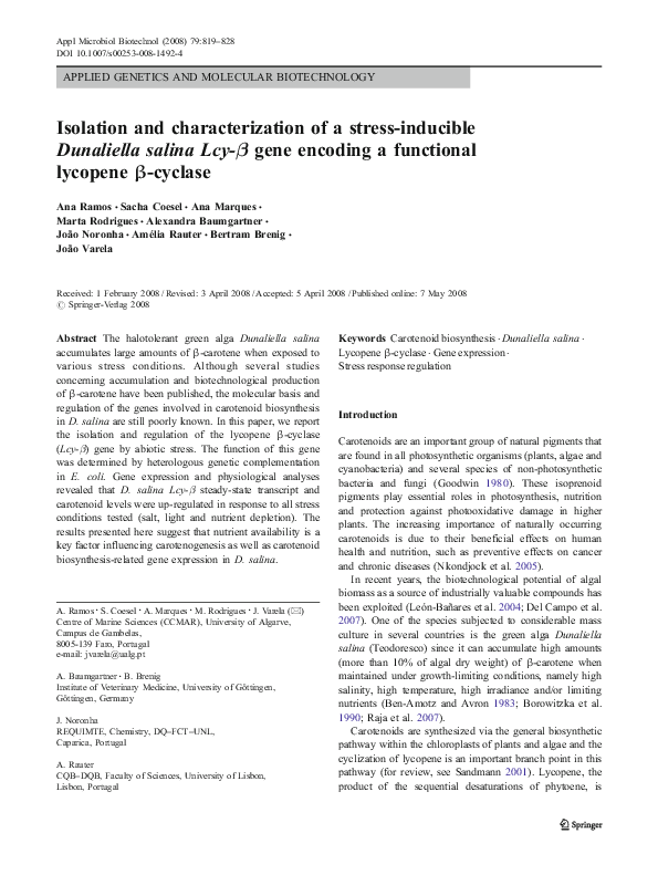 (PDF) Isolation and characterization of a stress-inducible Dunaliella ...