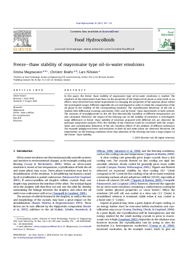(PDF) Freezethaw stability of mayonnaise type oilinwater emulsions