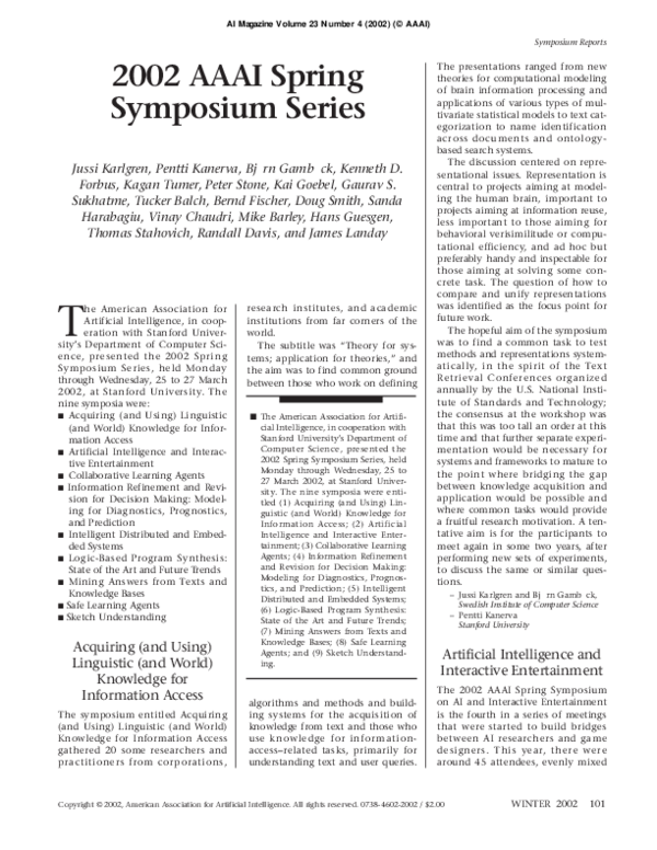 (PDF) The 2002 AAAI Spring Symposium Series Jussi Karlgren and Björn