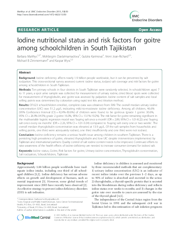 (PDF) Iodine nutritional status and risk factors for goitre among ...