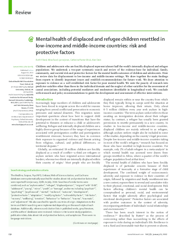 (PDF) Mental health of displaced and refugee children resettled in low ...