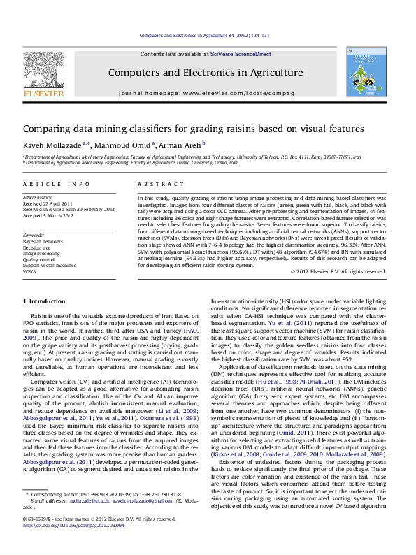 (PDF) Comparing data mining classifiers for grading raisins based on ...