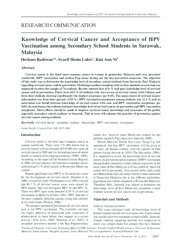 (PDF) Knowledge of cervical cancer and acceptance of HPV vaccination ...