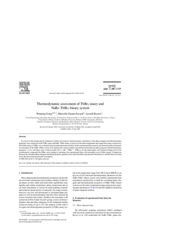 (PDF) Thermodynamic assessment of TbBr3 unary and NaBr–TbBr3 binary system