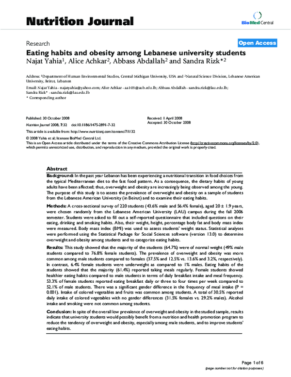 (PDF) Eating habits and obesity among Lebanese university students